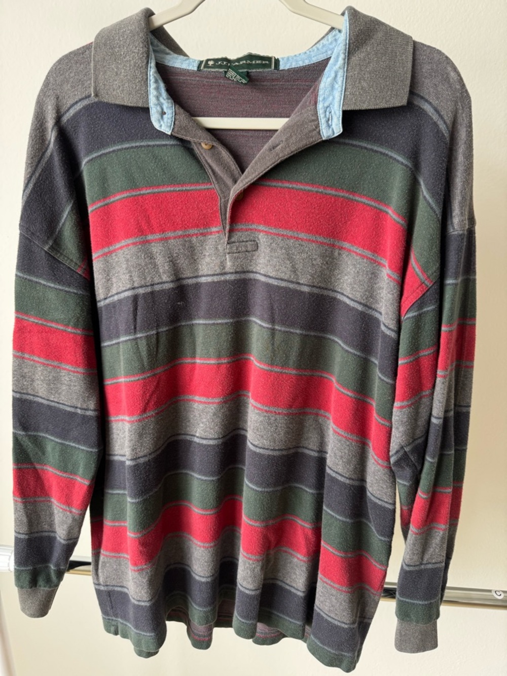 Men's Long-Sleeve Striped Polo Shirt — Red, Green, Gray